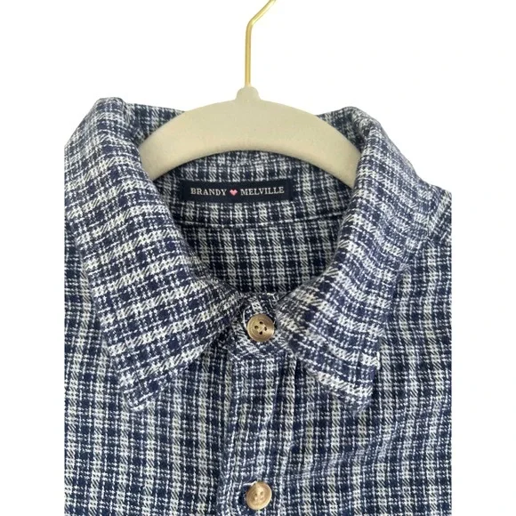 Brandy Melville Plaid Button Up Shirt Womens Blue White Long Sleeve Classic Fit - Picture 3 of 6